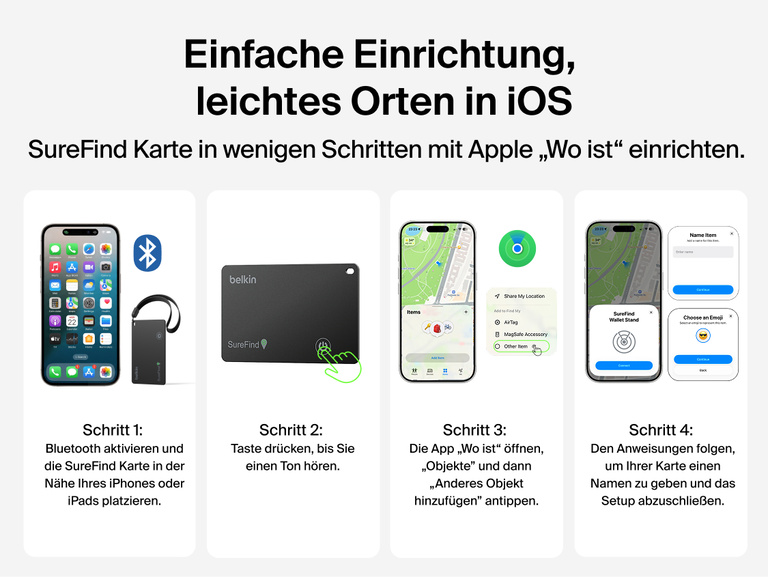 Die Belkin SureFind Karte verwendet Bluetooth 5.3 und einen 81-dB-Signalton, um Dinge wie Portemonnaie oder Reisepass in der N&auml;he zu orten.