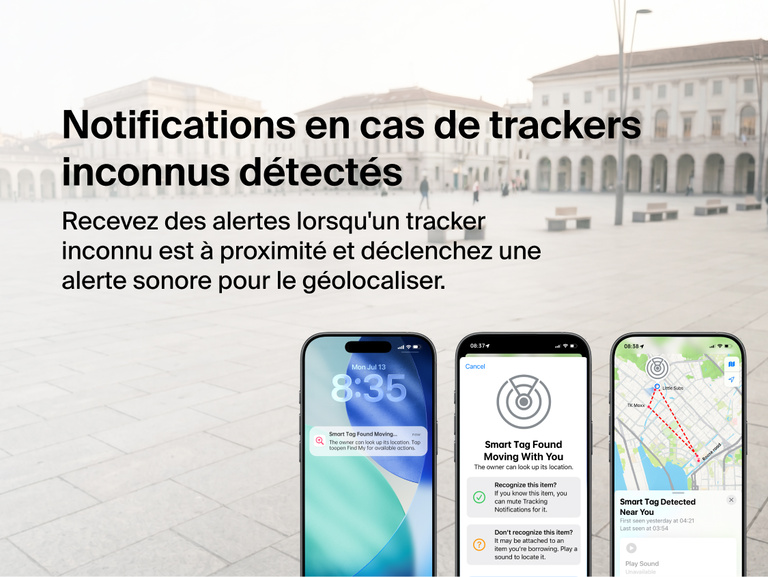 Image d'&eacute;crans de smartphones illustrant des alertes de trackers inconnus qui permettent aux utilisateurs de g&eacute;olocaliser des appareils se trouvant &agrave; proximit&eacute;.