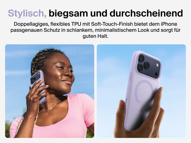 Belkin SheerForce Grip Series Case for iPhone 17 with slim translucent design and soft-touch finish for a comfortable grip.