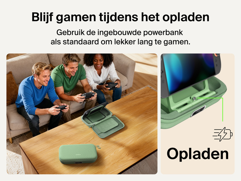 Belkin Gaming Charging Case Pro for Nintendo Switch 2 shown playing while charging with built-in power bank stand enabling uninterrupted tabletop gameplay.