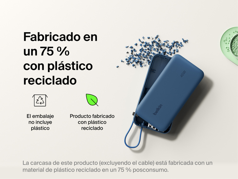 Belkin UltraCharge 10K power bank with integrated USB-C cable and digital display made with 75% recycled plastic and eco-friendly packaging