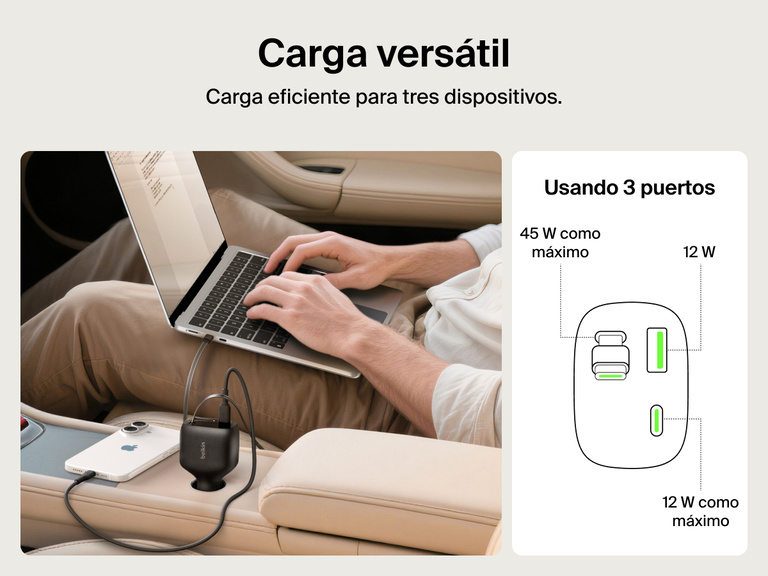 Imagen del cargador para coche con cable retráctil de 75 W Belkin BoostCharge en la que se muestra este cargando eficientemente en un coche un portátil, un smartphone y unos auriculares, de forma simultánea y mediante 3 puertos.