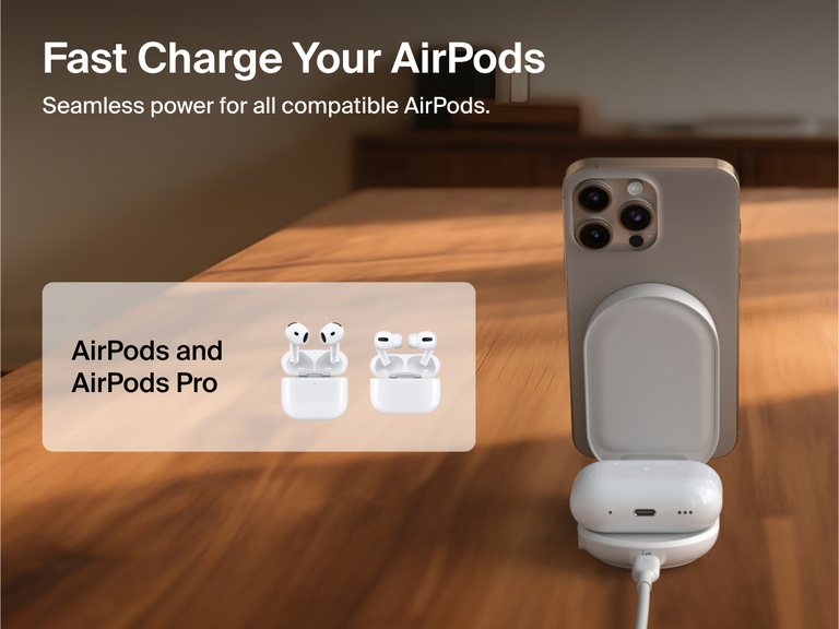 Belkin UltraCharge 2-in-1 Foldable Magnetic Charger with Qi2 25W shown fast charging iPhone and AirPods on a wooden surface, compatible with AirPods and AirPods Pro.
