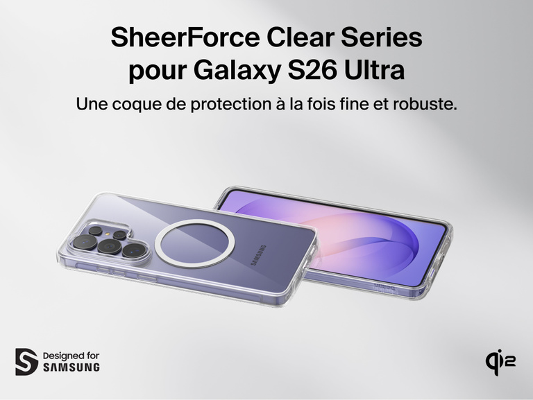 Belkin SheerForce Clear Series Case for Samsung Galaxy S26 shown on phone, featuring a slim, protective clear design with raised edges, precise cutouts, and Qi2 wireless charging compatibility.