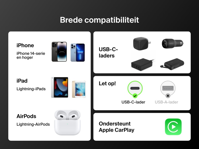 De Belkin BoostCharge USB-C-kabel met Lightning-connector biedt brede compatibiliteit met iPhone 14 en eerdere modellen, Lightning iPad-apparaten en AirPods, en ondersteunt Apple CarPlay bij gebruik met USB-C-opladers.