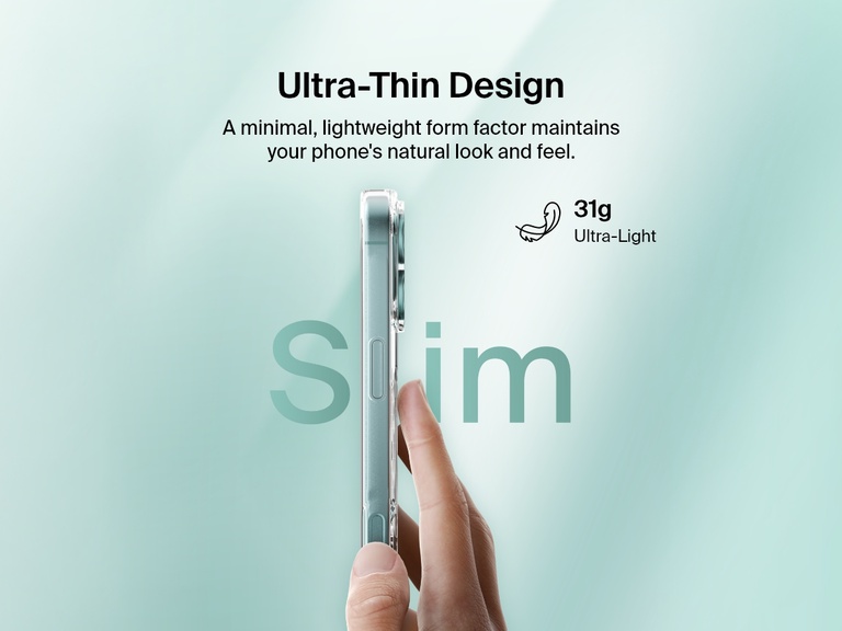 A promotional image showcasing the ultra-thin design of the SheerForce™ Magnetic iPhone Case. A hand holds the slim, lightweight case, emphasizing its minimalist form factor that maintains the phone’s natural look and feel. The text highlights the 31g ultra-light weight, ensuring a comfortable and sleek user experience.