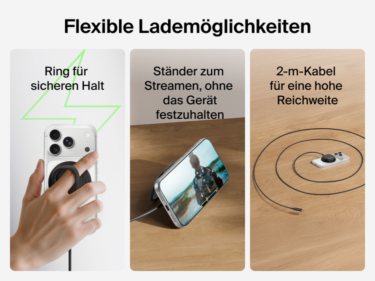 Die Funktion des ringf&ouml;rmigen Halters und St&auml;nders des Belkin UltraCharge magnetischen Ladeger&auml;ts mit Qi2 25W wird veranschaulicht und das enthaltene 2-m-Kabel zum flexiblen und Laden und zur Verwendung, ohne das Ger&auml;t festhalten zu m&uuml;ssen, wird gezeigt.
