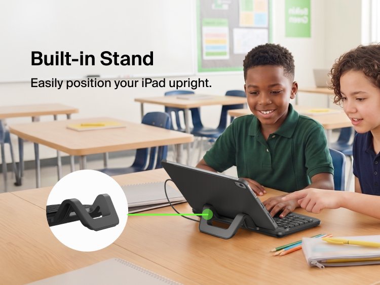 Connect USB-C Keyboard with Stand for iPad in use by two children at a classroom desk, with a close-up callout showing the built-in folding stand that holds the iPad upright