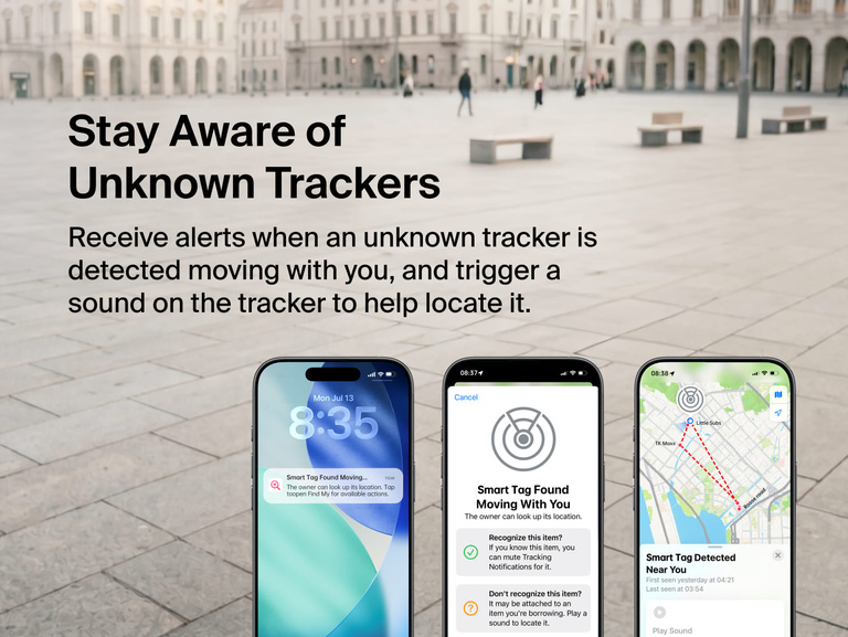 Belkin SureFind Spot supports unknown tracker alerts that help users detect and locate an unfamiliar tracker moving with them.