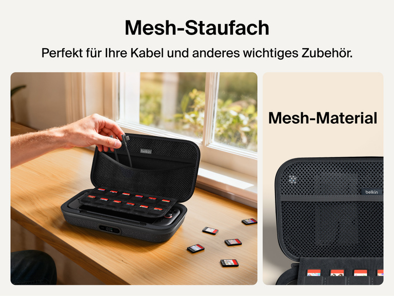 Belkin Gaming Charging Case Pro for Nintendo Switch 2 shown with mesh utility pocket for storing charging cables, accessories, and gaming essentials.