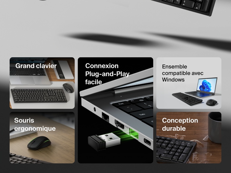 Un ensemble de clavier et souris sans fil Connect de Belkin est présenté selon différents styles de vie pour mettre en avant le grand clavier, la souris ergonomique, le dongle USB avec Plug-and-Play facile d'utilisation, sa conception durable et sa compatibilité avec les ordinateurs portable Windows.