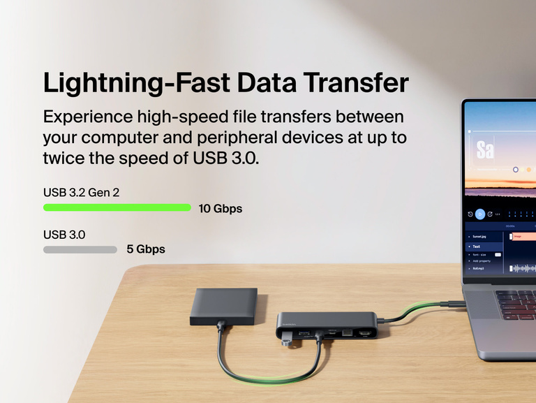 Belkin Connect 8-Port USB-C Hub with 2.5Gb Ethernet connected to a laptop and external drive, showcasing USB 3.2 Gen 2 performance with lightning-fast 10Gbps data transfer speeds.