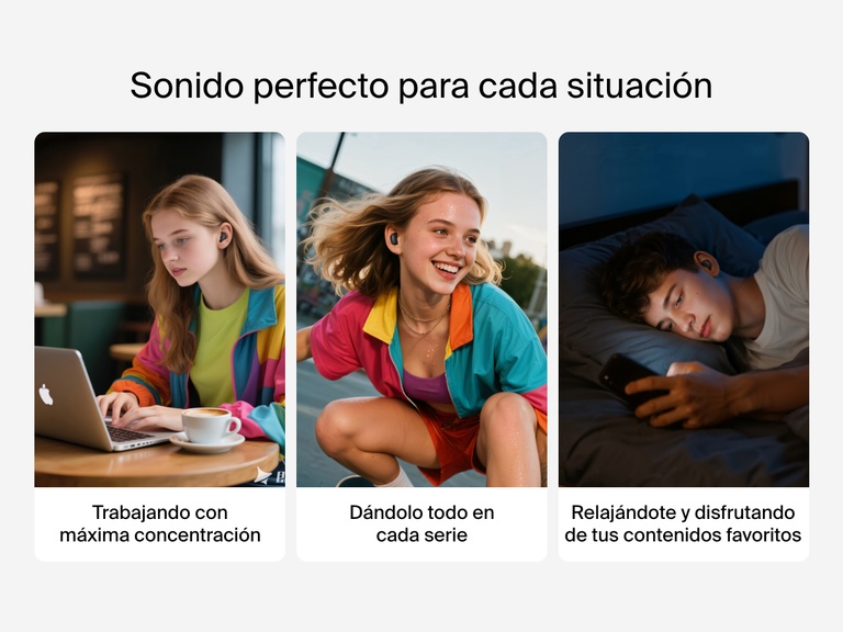 Belkin SoundForm Anywhere Wireless Earbuds shown for focus, workouts, and relaxation with perfect sound for every vibe.