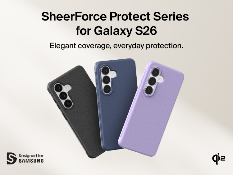 Belkin SheerForce Protect Series Case for Samsung Galaxy S26 shown on device, offering slim, durable everyday protection with a precision fit designed for Samsung compatibility.