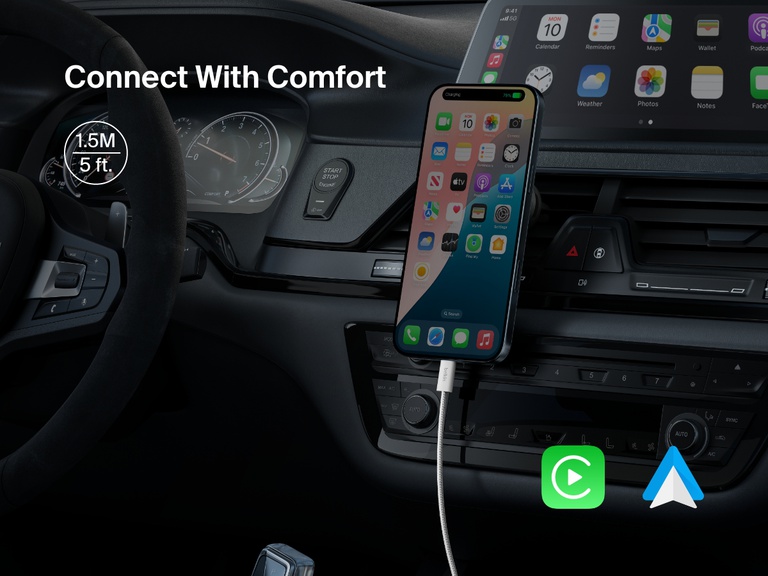 Smartphone connected in a car using the Belkin BoostCharge USB-A to USB-C Cable 15W, featuring a 1.5-meter length for convenient in-vehicle charging and support for Apple CarPlay and Android Auto.