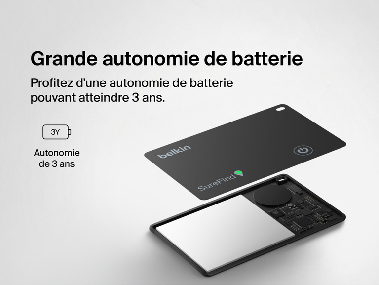 Image de la carte Blutooth Belkin&nbsp;SureFind avec la mention de garantie 3&nbsp;ans, et illustr&eacute; par une vue d&eacute;taill&eacute;e de ses composants internes.
