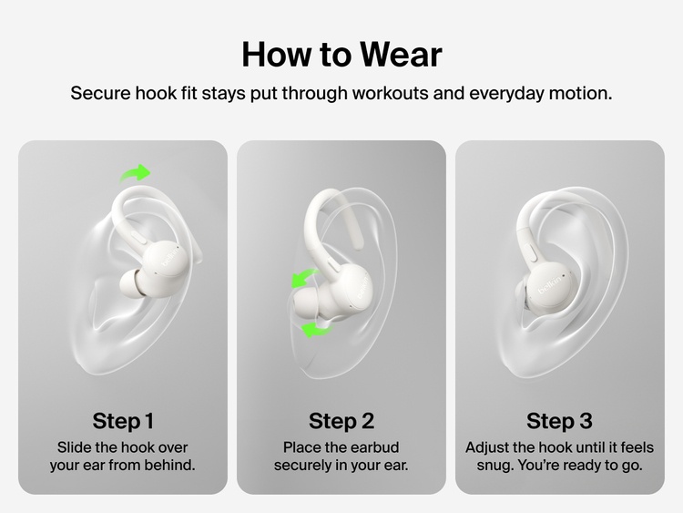 Belkin SoundForm ActiveFit Wireless Earbuds with secure hook design, shown in a step-by-step guide for wearing during workouts and daily use.