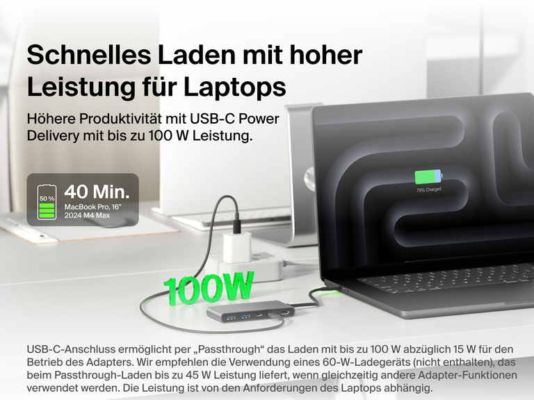 Belkin Connect 7-Port USB-C Hub with Dual USB-C Ports providing up to 100W USB-C Power Delivery for laptop charging.