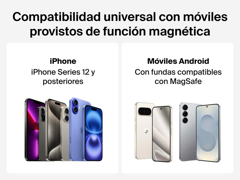 Belkin BoostCharge Magnetic Wireless Charging Car Vent and Dash Mount shown with universal magnetic compatibility for iPhone Series 12 and later and Android phones using magnetic wireless charging cases.