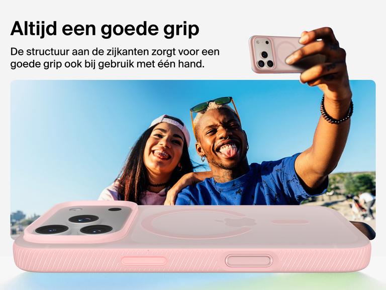 Belkin SheerForce Grip Series Case for iPhone 17 with military-grade drop protection and textured non-slip grip.