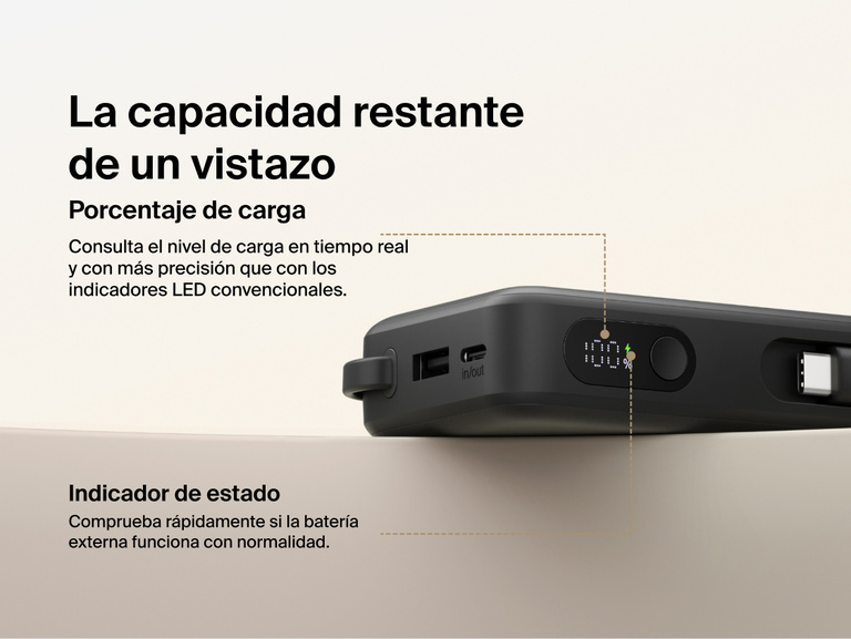 Belkin UltraCharge 10K power bank with integrated USB-C cable and digital display showing real-time battery percentage and charging status