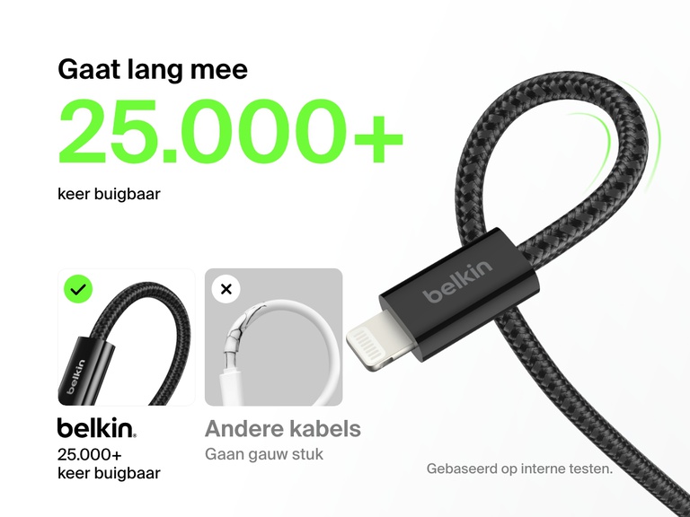 Afbeelding van de Belkin BoostCharge USB-A-kabel met Lightning-connector die de belangrijkste kenmerken benadrukt: bestand tegen meer dan 25.000 keer buigen, gevlochten ontwerp, duurzamer en sterker dan standaardkabels.