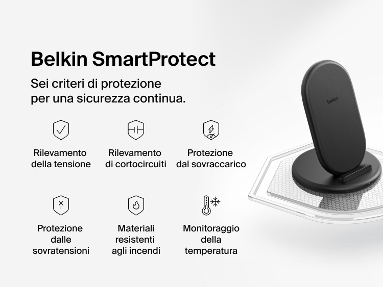 Belkin BoostCharge Wireless Charging Stand 15W featuring SmartProtect technology with six intelligent sensors for current detection, overload protection, and temperature monitoring.