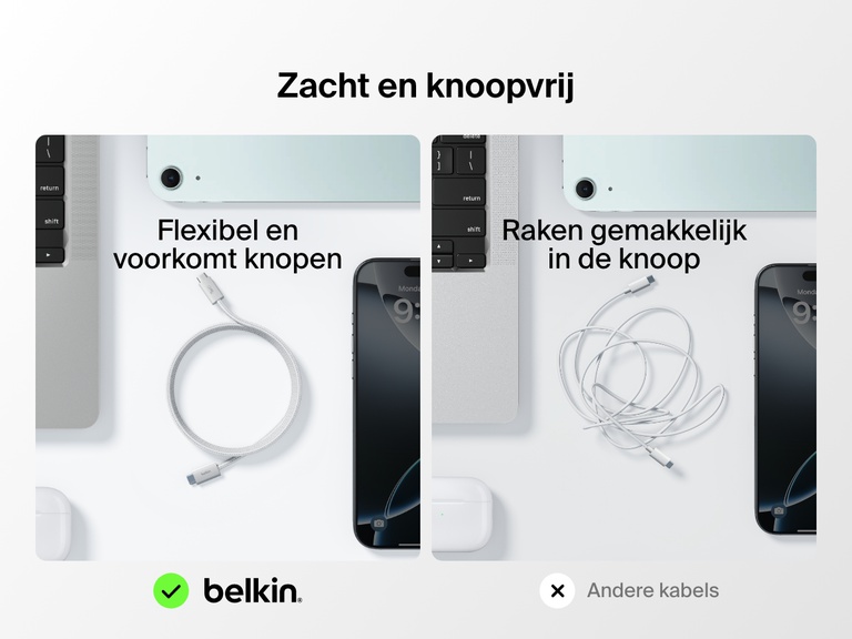 Vergelijking naast elkaar waarbij de Belkin BoostCharge USB-C-kabel met Lightning-connector wordt getoond als flexibel en blijvend knoopvrij, waarmee hij standaardkabels die gemakkelijk in de knoop raken, overtreft.
