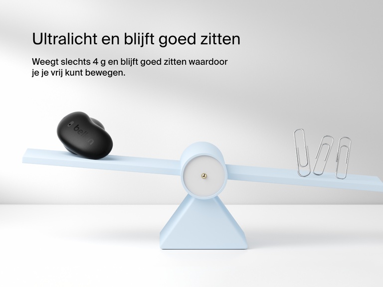Belkin SoundForm Anywhere Wireless Earbuds shown on a balance scale highlighting ultra-light 4g weight and secure low-profile fit.