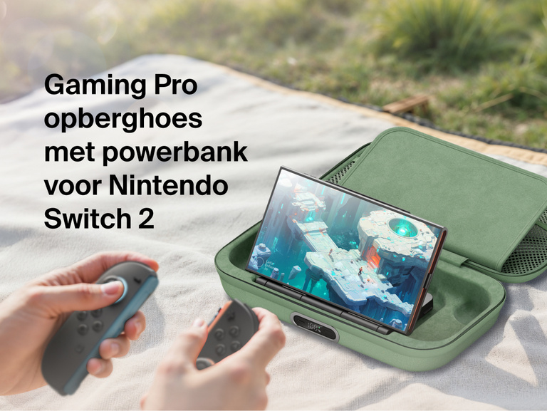 Belkin Gaming Charging Case Pro for Nintendo Switch 2 shown powering the console during outdoor gameplay with built-in charging and protective travel design.