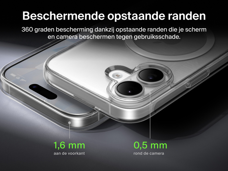 Belkin SheerForce Clear Series Case for iPhone 17 with elevated edge protection featuring 1.6mm front raised edge and 0.5mm camera raised edge for 360-degree coverage.