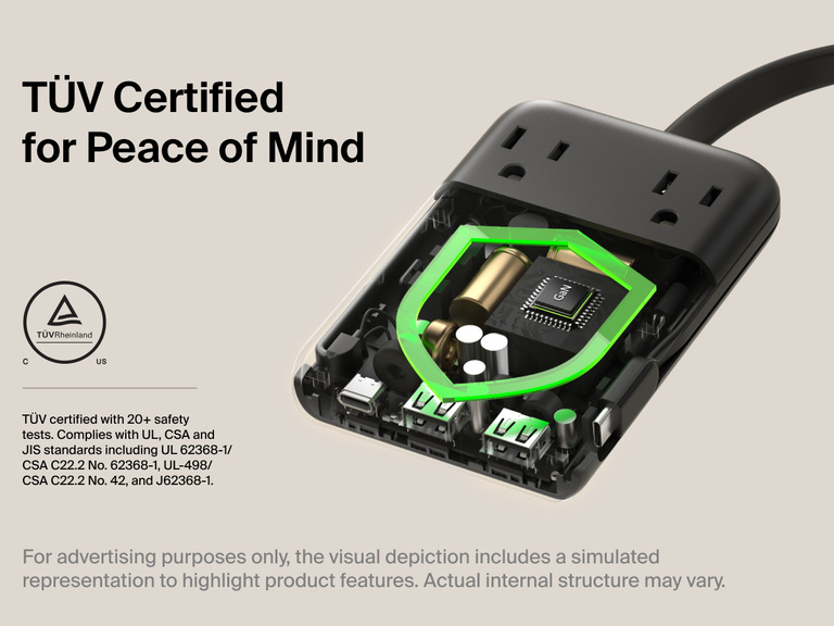 Belkin 2-Outlet Charging Station with USB ports and USB-C cable 70W shown with TÜV certification and internal safety components for reliable protection.