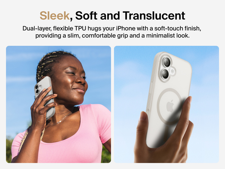 Belkin SheerForce Grip Series Case for iPhone 17 with slim translucent design and soft-touch finish for a comfortable grip.