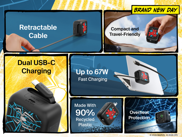 Belkin UltraCharge Retractable GaN Wall Charger 67W with built-in retractable USB-C cable, dual USB-C ports, fast charging up to 67W, compact travel-friendly design with wide device compatibility and overheat protection.