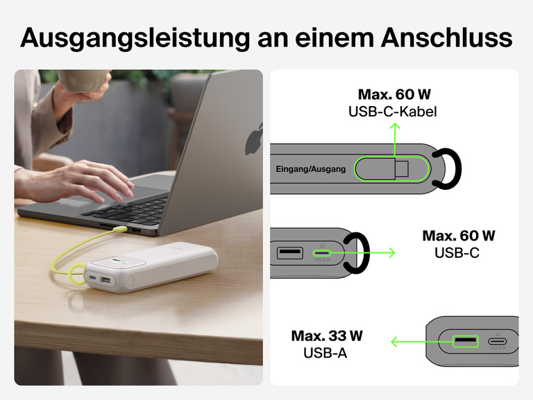 Die &zwnj;UltraCharge Powerbank 11K mit einziehbarem Kabel l&auml;dt einen Laptop &uuml;ber einen einzelnen Anschluss, mit einer Darstellung der maximalen Ausgangsleistung von 60 W &uuml;ber das USB-C-Kabel, den USB-C-Anschluss oder den USB-A-Anschluss.