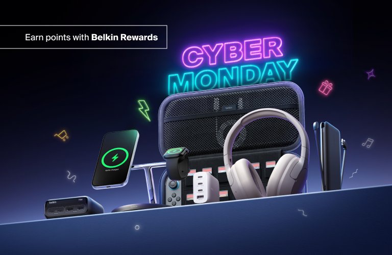 Belkin Cyber Monday promo featuring a variety of charging accessories, audio devices, and tech essentials highlighted under a neon Cyber Monday sign with a Belkin Rewards message.