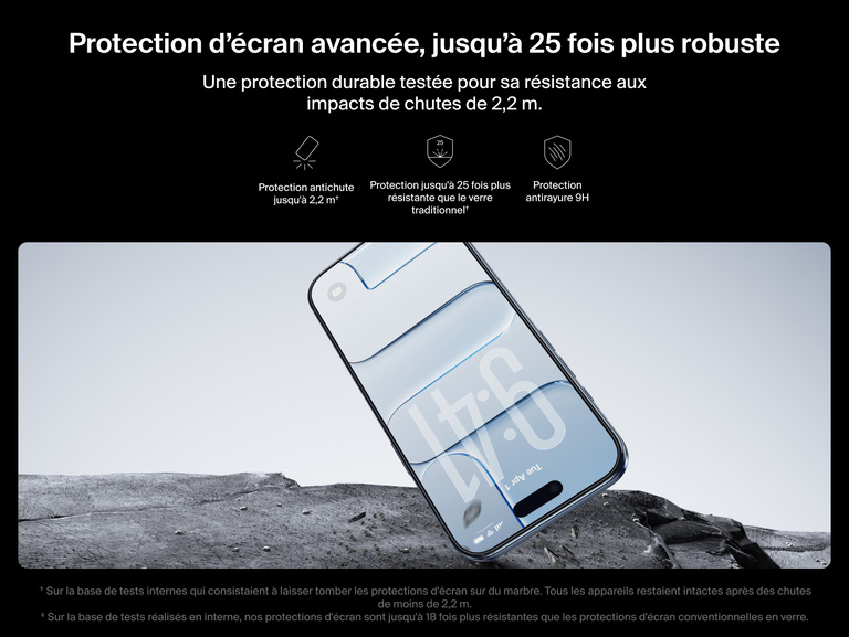 Belkin ScreenForce UltraGlass 2 Screen Protector delivers up to 25x stronger protection with 7.2 ft drop resistance and 9H scratch durability for iPhone.