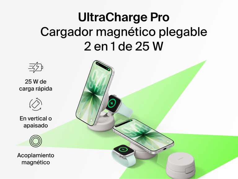 El cargador magn&eacute;tico convertible 2 en 1 con Qi2 de 25 W Belkin UltraCharge Pro incluye acoplamiento magn&eacute;tico para emplazar en vertical u horizontal y cargar r&aacute;pida e inal&aacute;mbricamente un smartphone y un smartwatch.