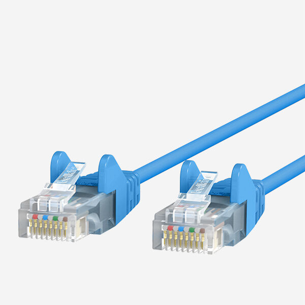 A blue Belkin Ethernet cable with two RJ45 connectors, each featuring transparent plastic housings and gold-plated contacts, against a white background.