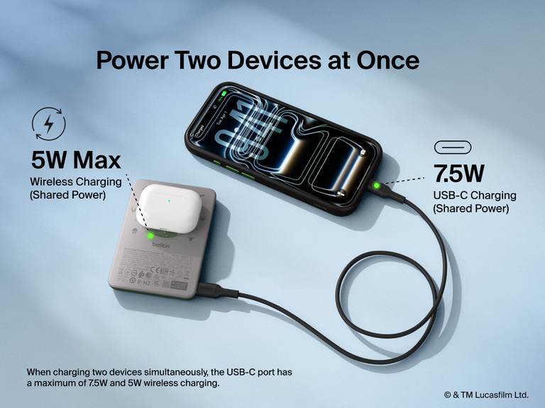 Belkin BoostCharge Slim Magnetic Power Bank 5K shown charging a smartphone and wireless earbuds simultaneously, demonstrating dual charging with 7.5W USB-C and 5W wireless shared power output.