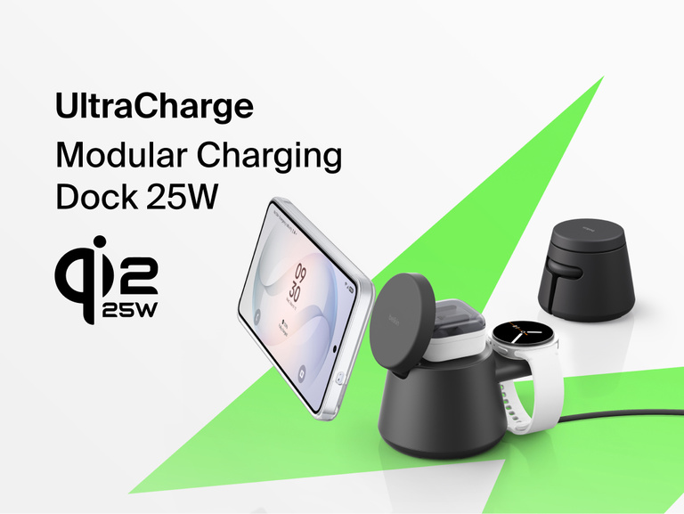 Belkin UltraCharge Modular Charging Dock with Qi2 25W delivering fast wireless charging for compatible smartphones, smartwatches, and earbuds in a modular all-in-one dock setup.