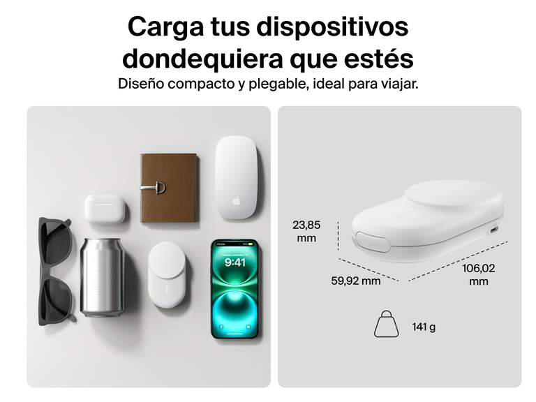 Se muestra el diseño compacto y portátil del cargador magnético plegable 2 en 1 con Qi2 25W Belkin UltraCharge. Pesa tan solo 162 gramos y sus dimensiones son ideales para cargar dispositivos sobre la marcha en cualquier parte.