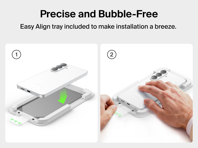 Belkin ScreenForce Titan SmartShield Privacy Filter Screen Protector for Samsung Galaxy S26 showing the Easy Align tray for precise, bubble-free installation with simple, step-by-step placement.
