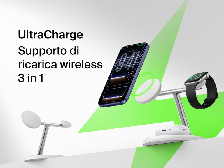 Belkin UltraCharge 3-in-1 Wireless Charging Stand with Qi2 25W front view showing dedicated magnetic phone pad, watch charger, and earbuds base