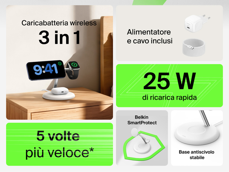 Belkin UltraCharge 3-in-1 Wireless Charging Stand with Qi2 25W showcasing compact design with integrated Apple Watch charger and earbuds dock