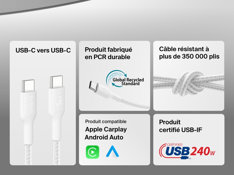 Feature callout graphic highlighting the Belkin BoostCharge Pro USB-C to USB-C Braided Cable 240W with USB-IF certification, 350,000+ bend lifespan, PCR materials, and compatibility with Apple CarPlay and Android Auto.