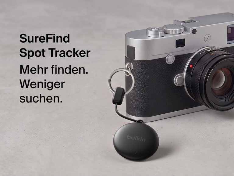 Der Belkin SureFind Spot Tracker, der mit einer sicheren Schlaufe an einer Kamera befestigt ist, ist darauf ausgelegt, wichtige Dinge zu orten.