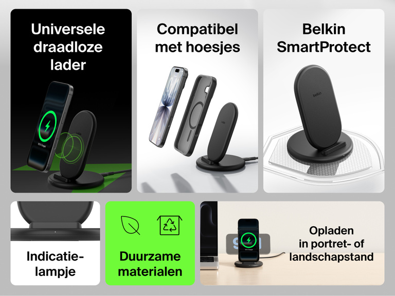 Belkin BoostCharge Wireless Charging Stand 15W shown with key features including universal wireless charging, case compatibility, SmartProtect technology, LED indicator, sustainable materials, and 15W fast charging.