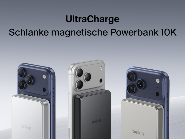 Belkin UltraCharge Slim Magnetic Power Bank 10K attached to smartphones showcasing compact magnetic wireless charging and portable battery design