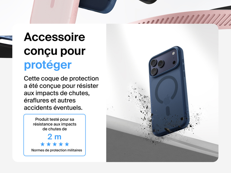 Belkin SheerForce Grip Series Case for iPhone 17 shown with textured grip and impact protection against drops.